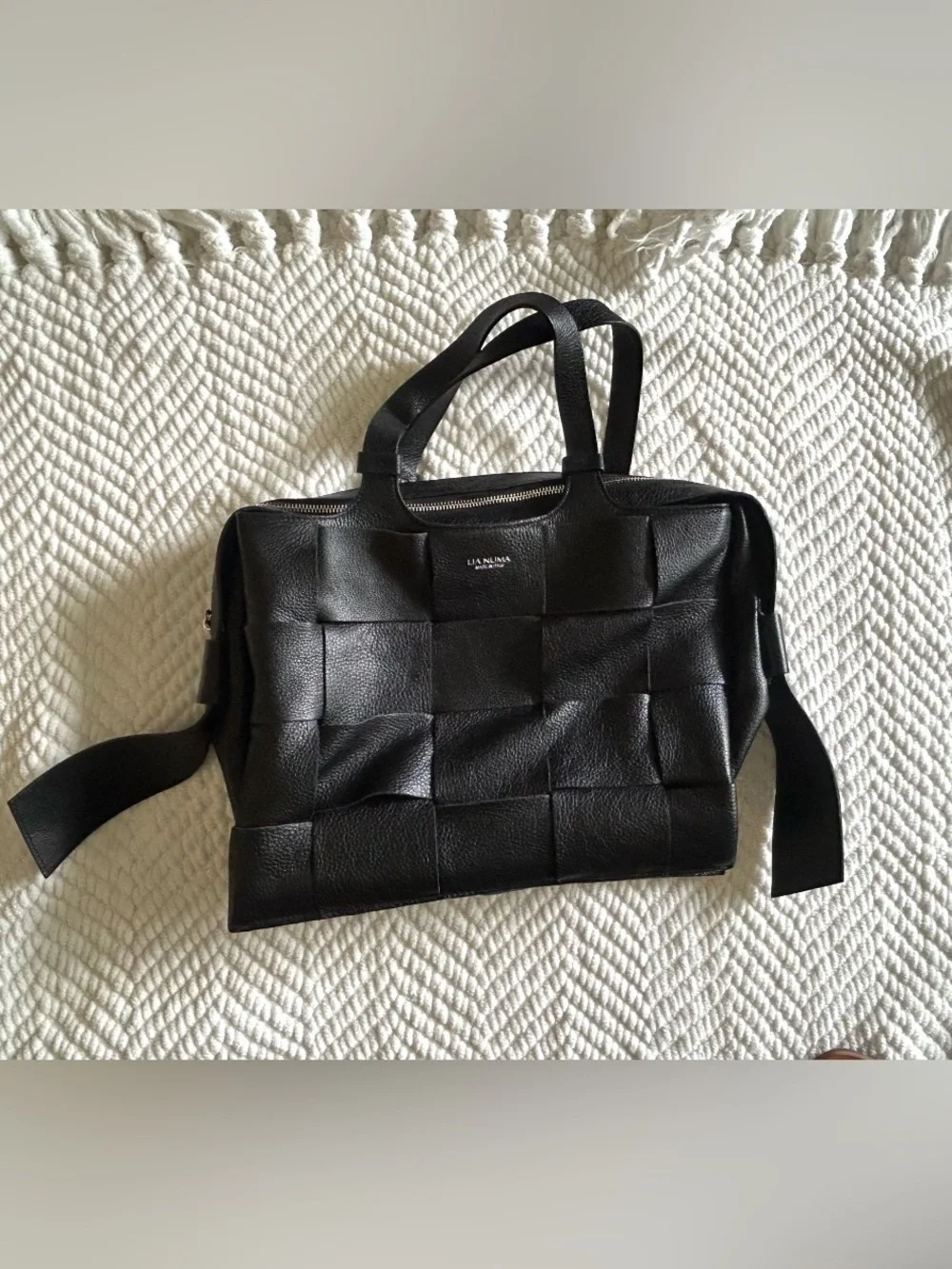 Black Woven Leather Briefcase with Top Handles and Shoulder Strap